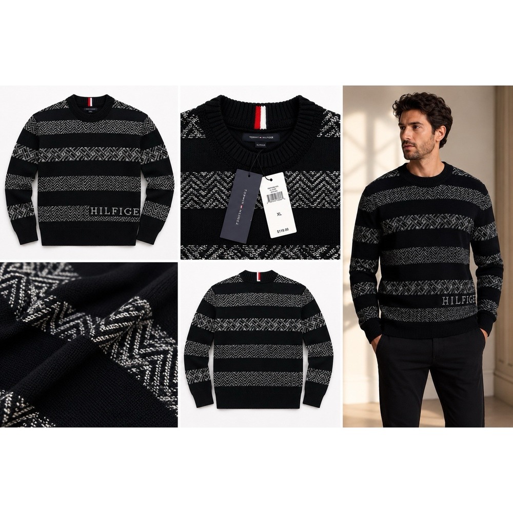 Tommy Hilfiger Men Dark Navy Fairisle Mock Neck Sweater Size XL 78J7416 410